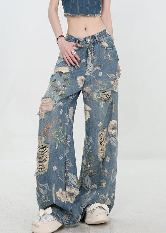 "Högmidjade damjeans med unikt blåtryck, framhäver smickrande silhuett och mode med distinkt denimdesign."