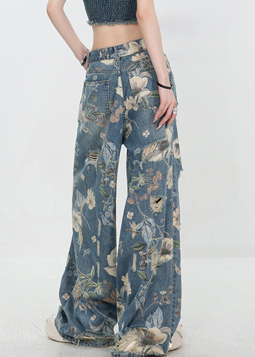 "Högmidjade damjeans med unikt blåtryck, framhäver smickrande silhuett och mode med distinkt denimdesign."
