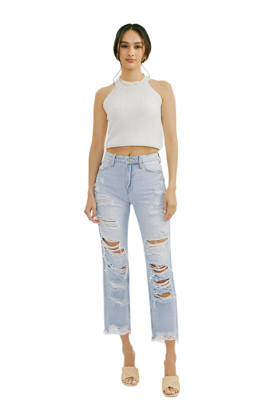 "Högmidjade ljusa jeans med distressad design för kvinnor, framifrån, visar trendig och modern stil."