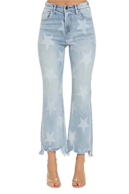 "Högmidjade raka jeans för damer i ljus denim med stjärnmönster för trendig och bekväm stil"
