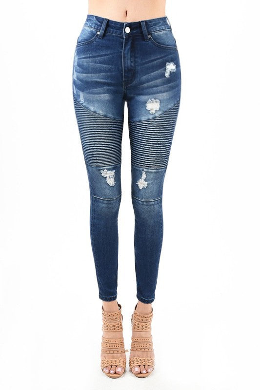 "Högmidjade skinny damjeans med moto-design, framsida, mörkblå denim, modern och självsäker stil för alla tillfällen."
