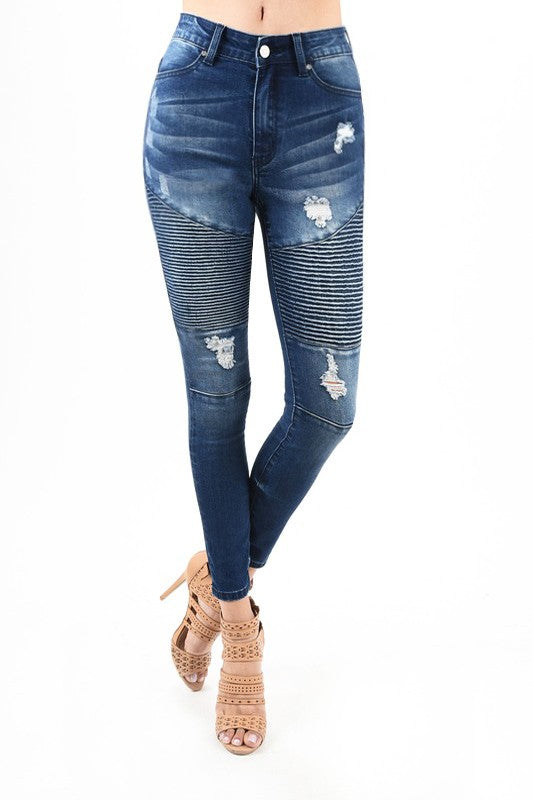 "Högmidjade skinny damjeans med moto-design, framsida, mörkblå denim, modern och självsäker stil för alla tillfällen."