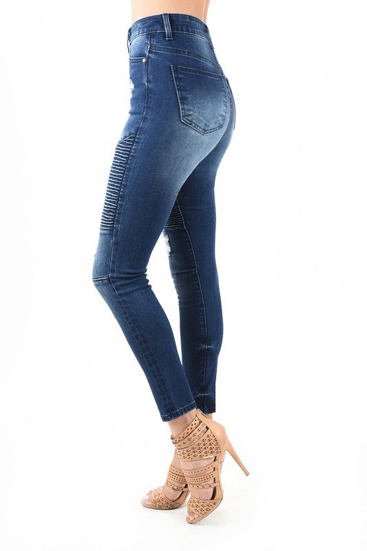 "Högmidjade skinny damjeans med moto-design, framsida, mörkblå denim, modern och självsäker stil för alla tillfällen."