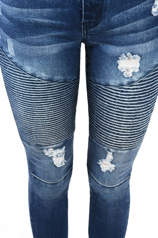 "Högmidjade skinny damjeans med moto-design, framsida, mörkblå denim, modern och självsäker stil för alla tillfällen."