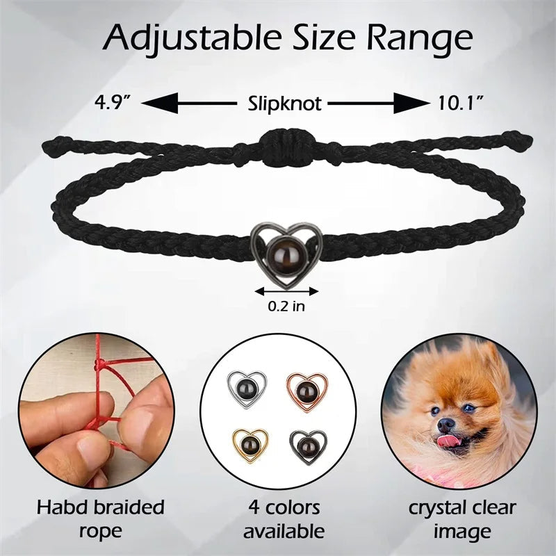 "Hjärtaformad fotoprojektion armband i rostfritt stål för kvinnor, med anpassningsbar projektion och flera färgval."