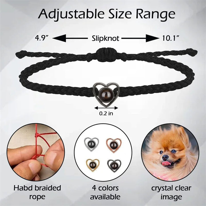 "Hjärtaformad fotoprojektion armband i rostfritt stål för kvinnor, med anpassningsbar projektion och flera färgval."