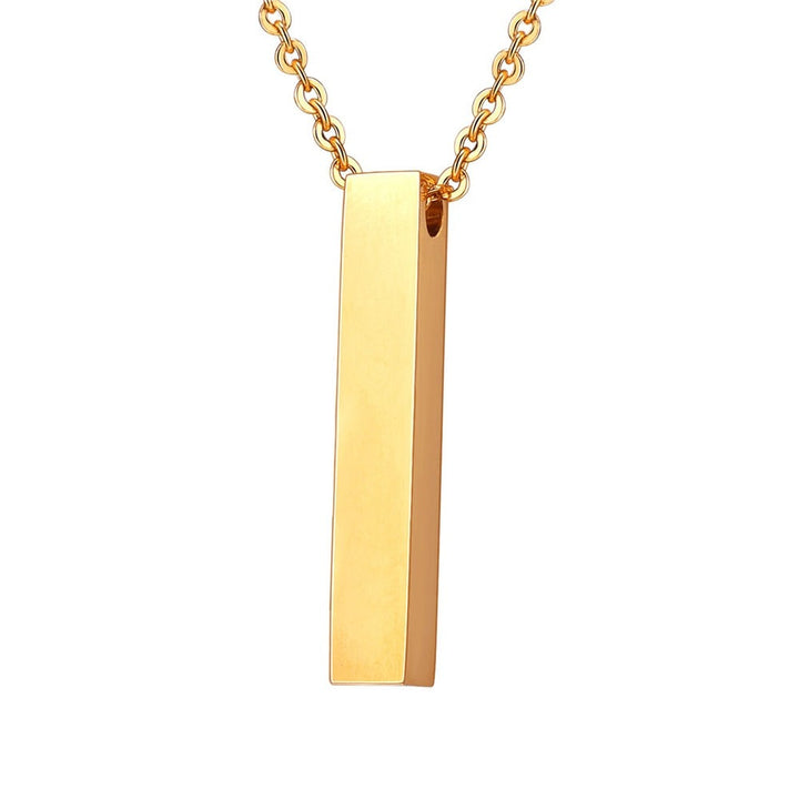 "Hängsmycke kub bar halsband i rostfritt stål, modern och stilfull design, svart, guld eller silver, unisex accessoar."
