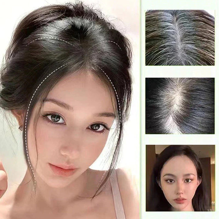 "Hårstycke med partiella luggar för fyllig, naturlig look i olika bruna nyanser, lätt att styla och anpassa."
