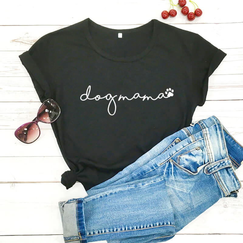 "Hundmamma T-shirt för kvinnor, rund hals, tryckt design, vit färg, bekväm passform för hundälskande stil"