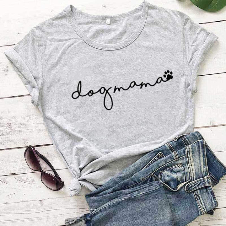 "Hundmamma T-shirt för kvinnor, rund hals, tryckt design, vit färg, bekväm passform för hundälskande stil"