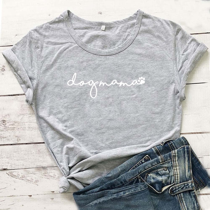 "Hundmamma T-shirt för kvinnor, rund hals, tryckt design, vit färg, bekväm passform för hundälskande stil"