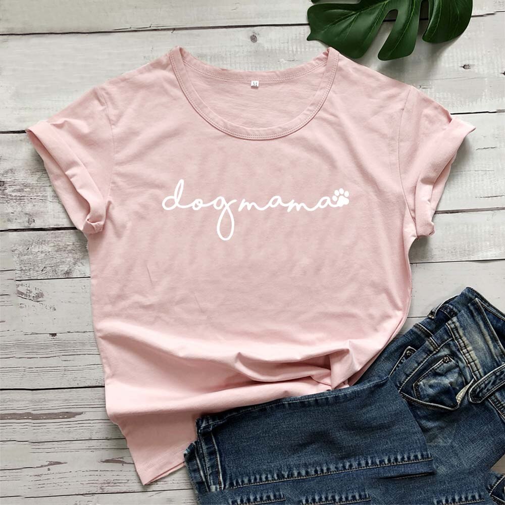 "Hundmamma T-shirt för kvinnor, rund hals, tryckt design, vit färg, bekväm passform för hundälskande stil"
