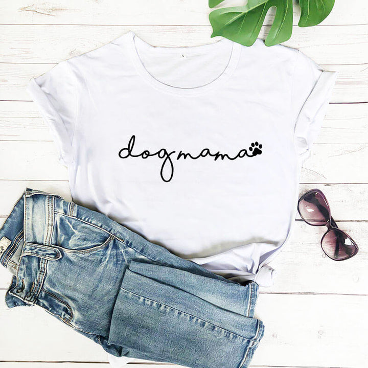 "Hundmamma T-shirt för kvinnor, rund hals, tryckt design, vit färg, bekväm passform för hundälskande stil"