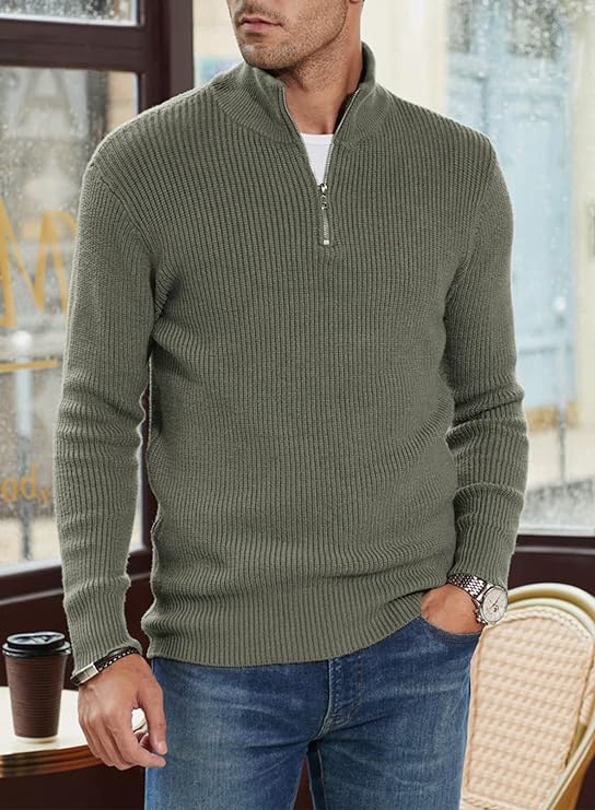 "Italiensk design herrtröja med dragkedja, mörkgrön, elegant och praktisk för en stilren och bekväm look."
