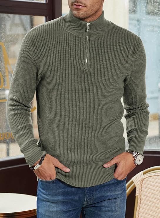 "Italiensk design herrtröja med dragkedja, mörkgrön, elegant och praktisk för en stilren och bekväm look."