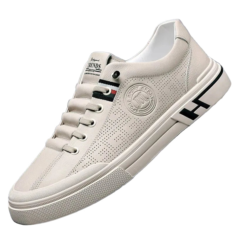 "Italienska casual herrskor i beige och vitt PU-läder med halkfri sula, elegant design för vardagsbruk."