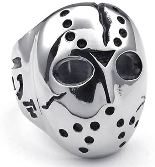 "Jason Mask Herrring i rostfritt stål, ikonisk hockeymaskdesign, silvrig, djärv accessoar för skräckfilmfans och statement-st