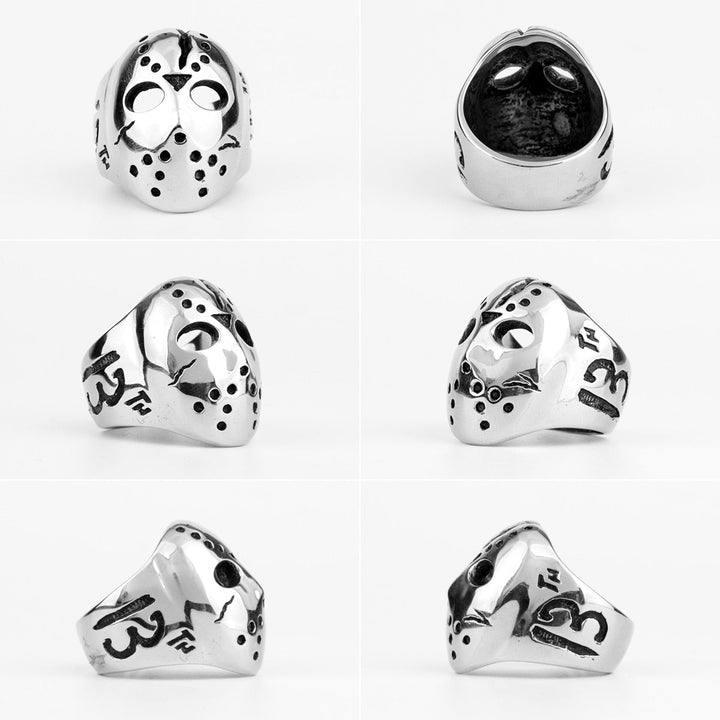 "Jason Mask Herrring i rostfritt stål, ikonisk hockeymaskdesign, silvrig, djärv accessoar för skräckfilmfans och statement-st