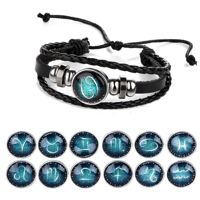"Justerbart Zodiac-armband för herr med PU-läder och unika stjärnteckenberlocker, elegant och stilfull design."
