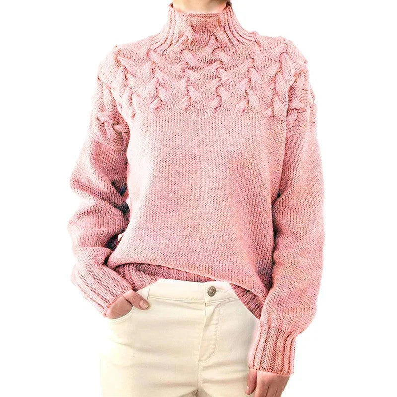 "Kabelstickad tröja för kvinnor med hög hals, mjukt material, elegant look, perfekt för lager-på-lager stil."