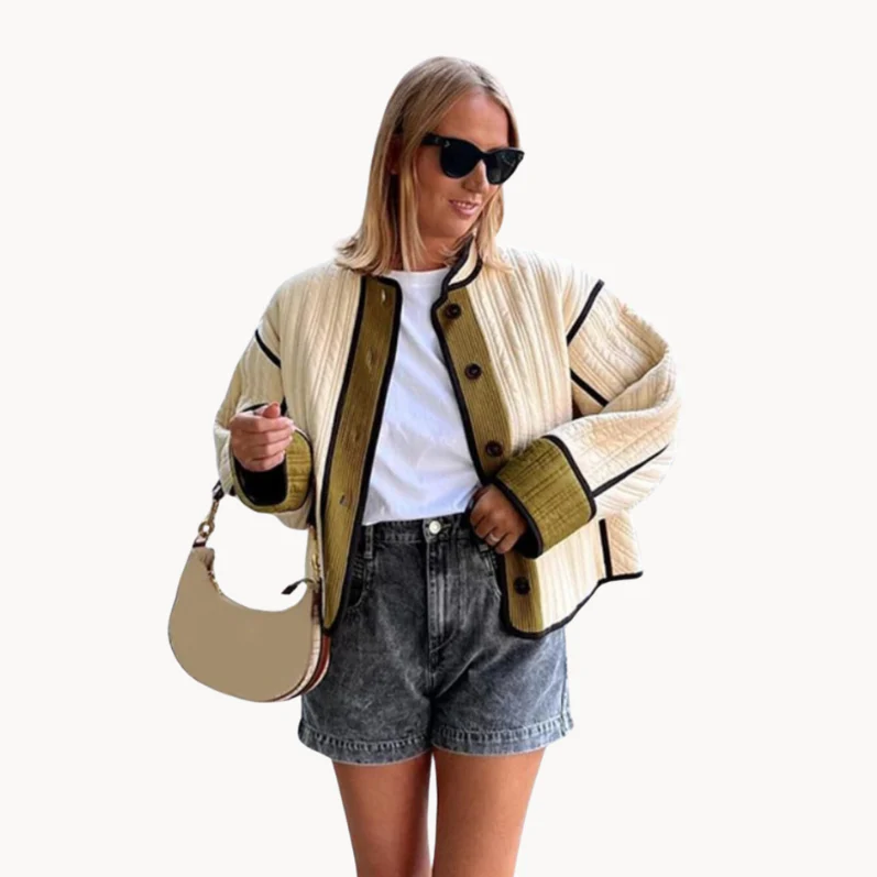 "Kaki grön kvinnors jacka i polyester-bomullsblandning, elegant design och mångsidig för alla tillfällen."