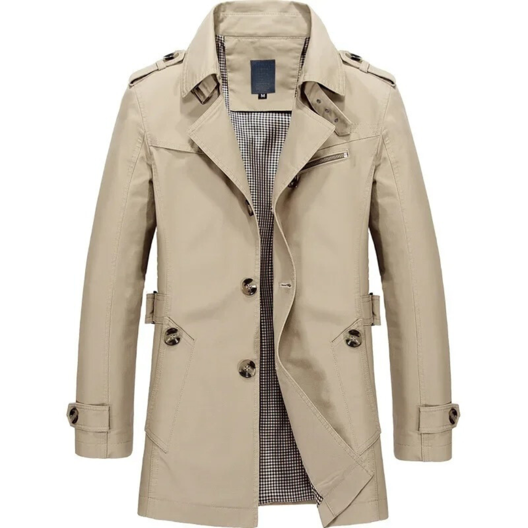 "Khaki trenchcoat för män i bomull, väderbeständig med elegant design, perfekt för både formella och avslappnade tillfällen."