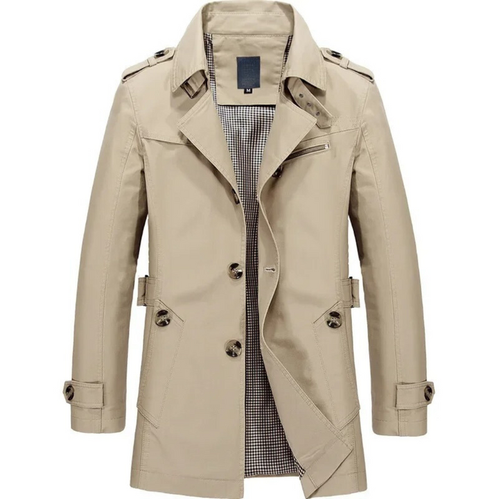 "Khaki trenchcoat för män i bomull, väderbeständig med elegant design, perfekt för både formella och avslappnade tillfällen."