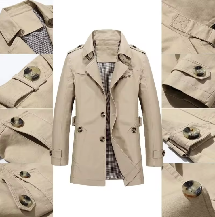 "Khaki trenchcoat för män i bomull, väderbeständig med elegant design, perfekt för både formella och avslappnade tillfällen."