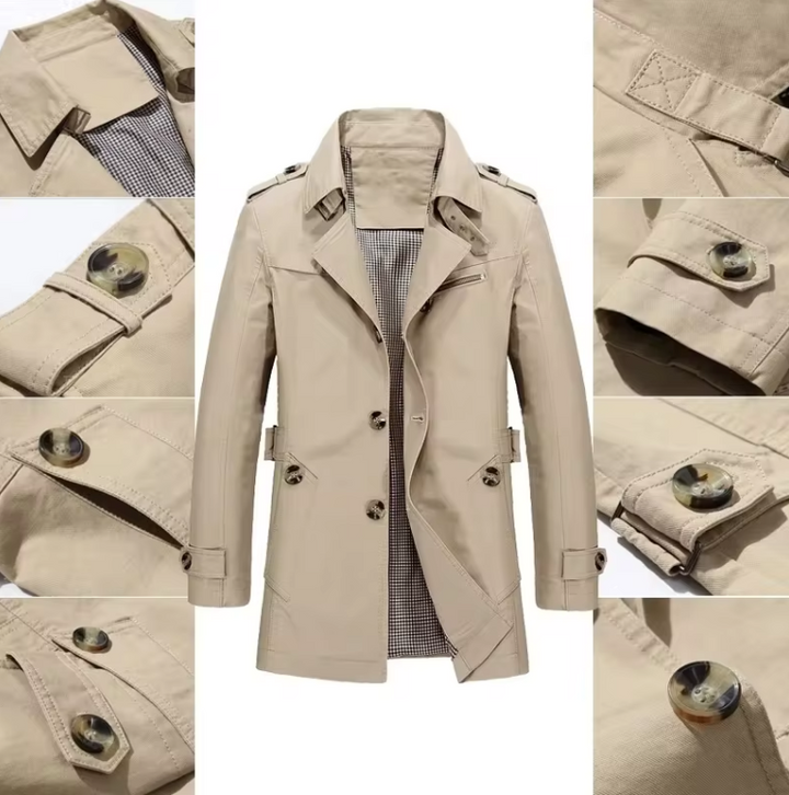 "Khaki trenchcoat för män i bomull, väderbeständig med elegant design, perfekt för både formella och avslappnade tillfällen."