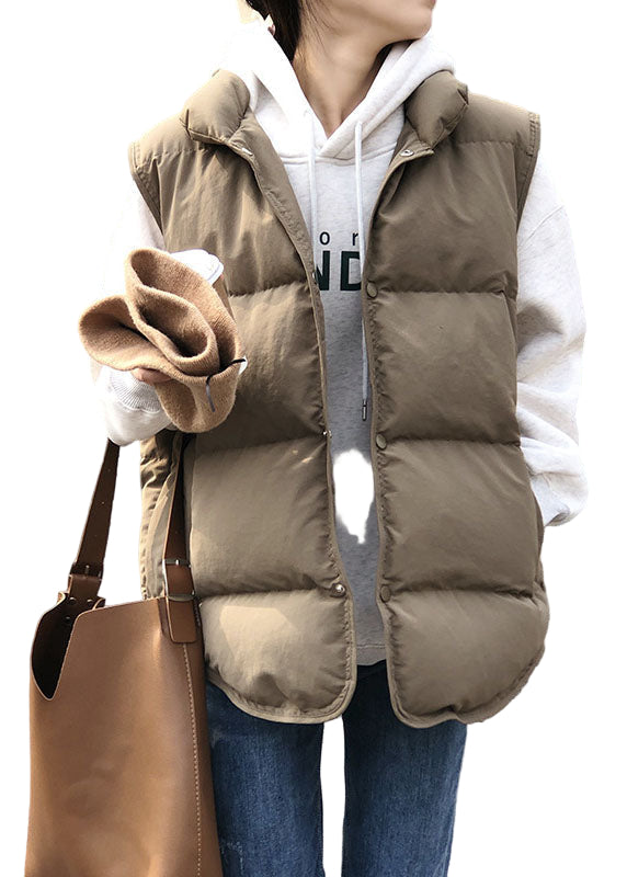 Khakifärgad dam puffer väst med ståkrage, vinterdesign, lös passform, ger värme och elegans, perfekt för lager-på-lager.