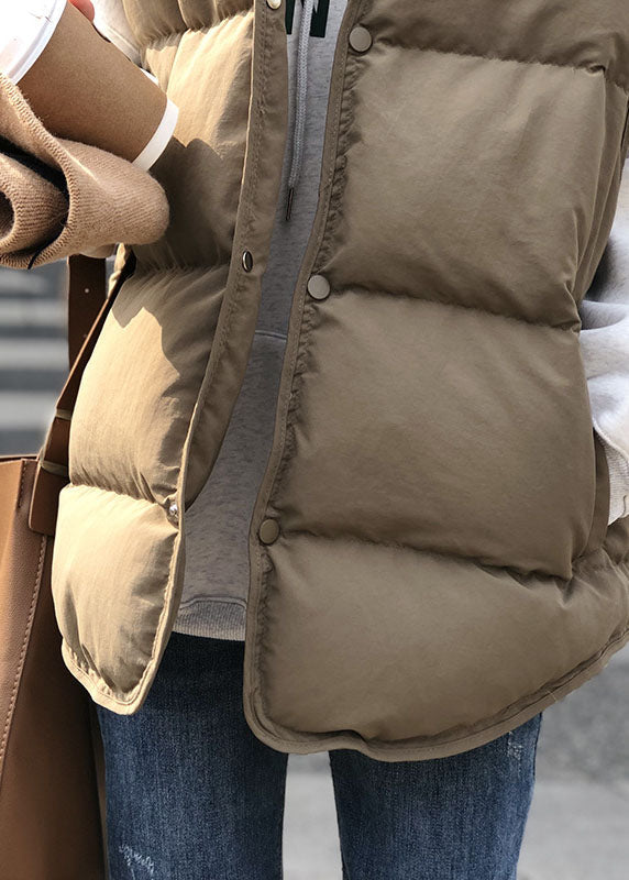 Khakifärgad dam puffer väst med ståkrage, vinterdesign, lös passform, ger värme och elegans, perfekt för lager-på-lager.