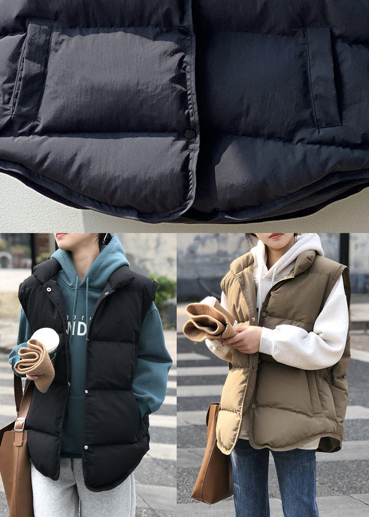 Khakifärgad dam puffer väst med ståkrage, vinterdesign, lös passform, ger värme och elegans, perfekt för lager-på-lager.
