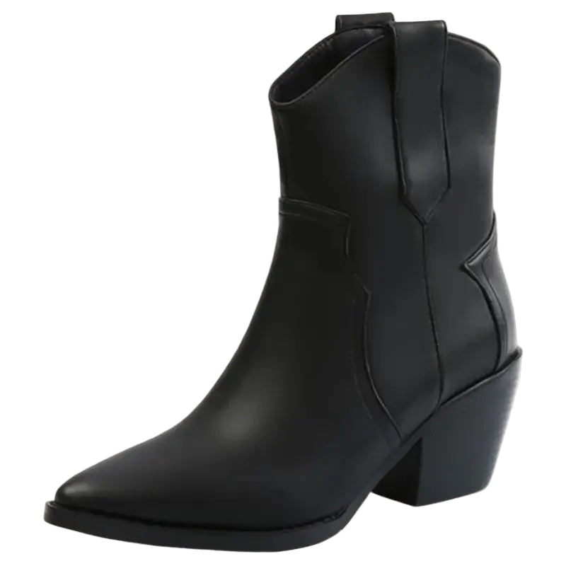 "Korta cowboylaarzen i modern westernstil, imitationläder, med spetssnabb och sned häl, perfekt för trendiga kvinnor."