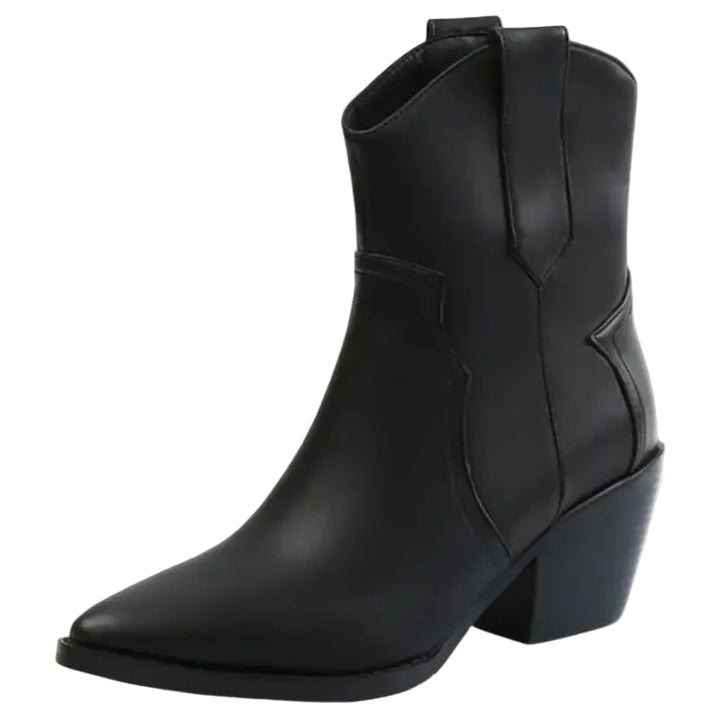 "Korta cowboylaarzen i modern westernstil, imitationläder, med spetssnabb och sned häl, perfekt för trendiga kvinnor."