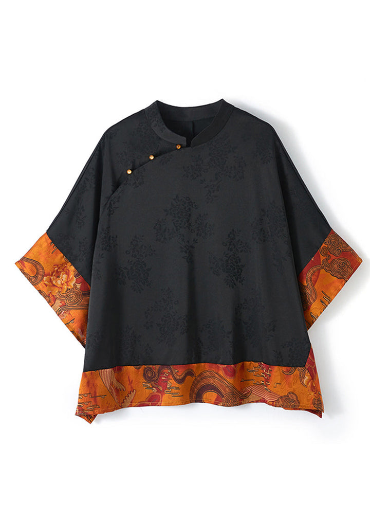 Kvinna Vintage Asymmetrisk Skjorta med Mandarin Krage, batwing ärmar, perfekt för stil och komfort, unikt mönster.