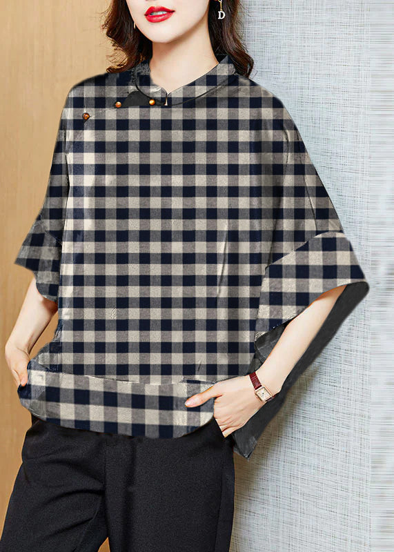 Kvinna Vintage Asymmetrisk Skjorta med Mandarin Krage, batwing ärmar, perfekt för stil och komfort, unikt mönster.