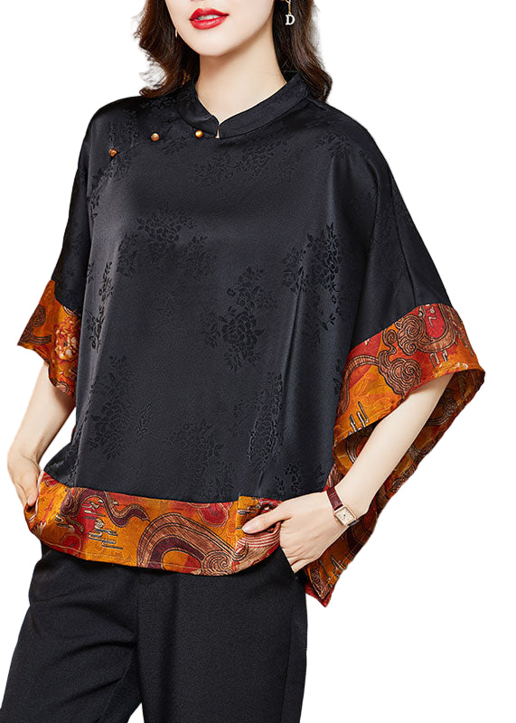 Kvinna Vintage Asymmetrisk Skjorta med Mandarin Krage, batwing ärmar, perfekt för stil och komfort, unikt mönster.