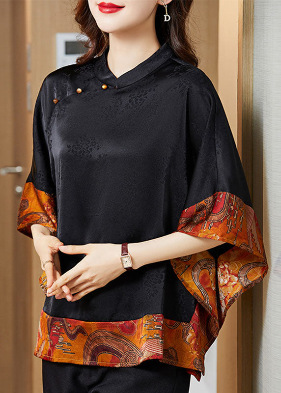 Kvinna Vintage Asymmetrisk Skjorta med Mandarin Krage, batwing ärmar, perfekt för stil och komfort, unikt mönster.