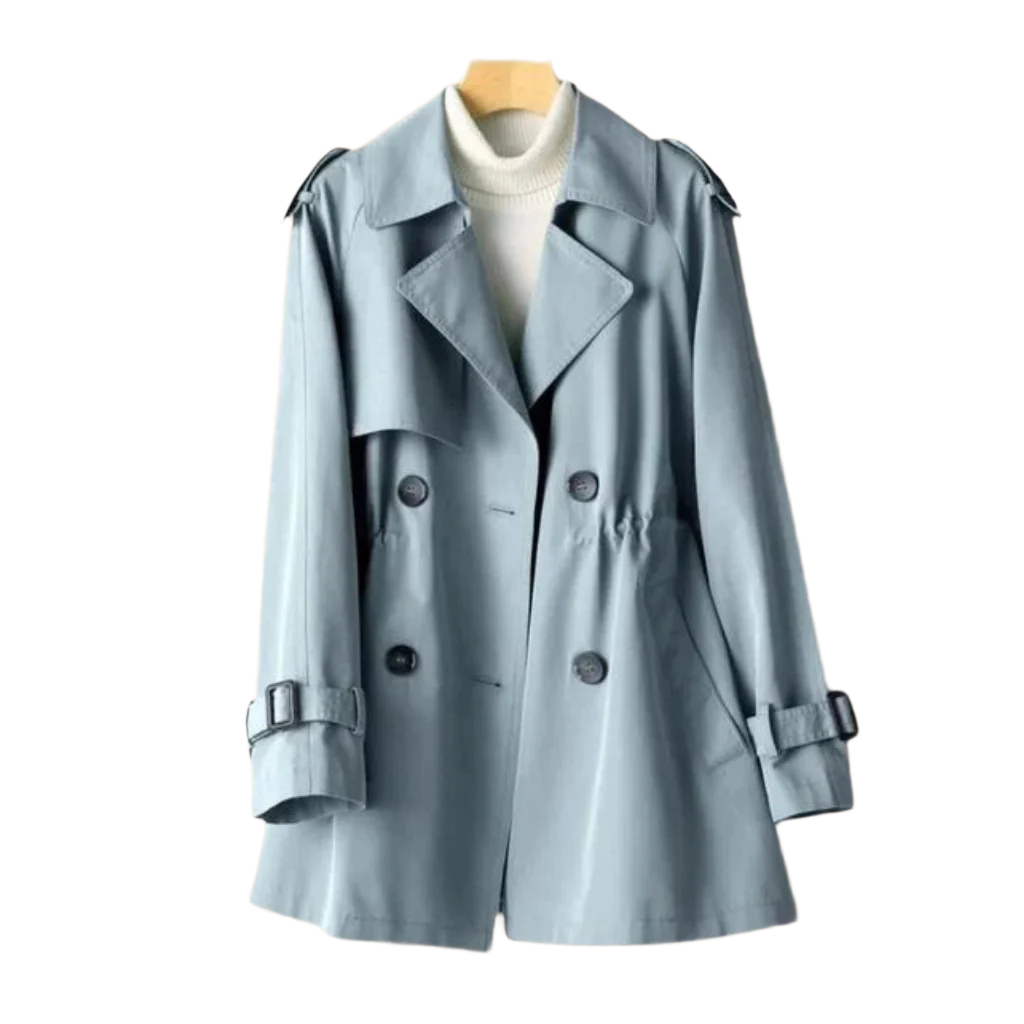 "Kvinna vintage trench coat, dubbelknäppt, nylon-bomull, elegant design, lång silhuett, klassisk look, slitstarkt material."