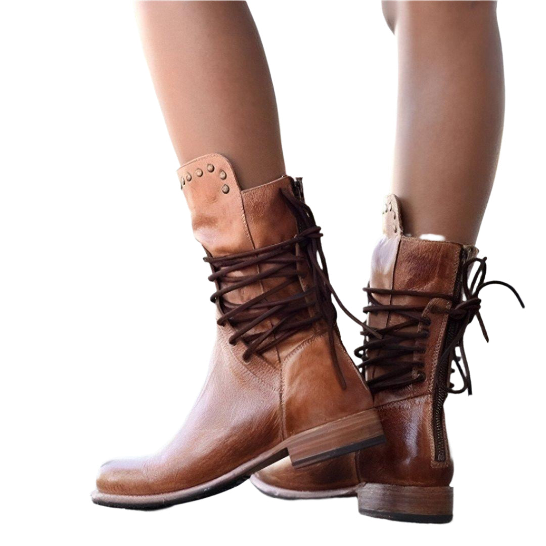 "Kvinnor PU läderstövlar med klassisk lace-up design, robust och elegant, i brun, grå eller svart för vardagligt bruk."