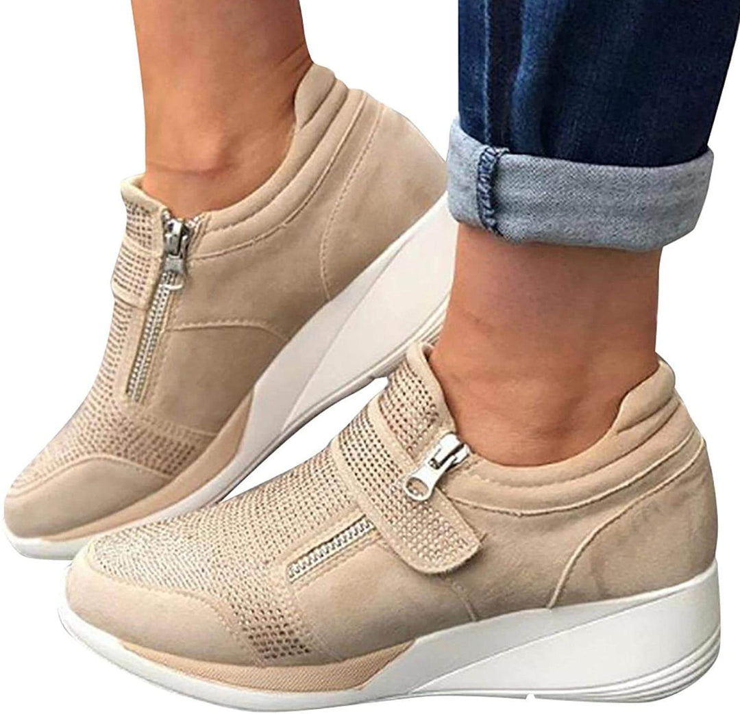 Kvinnor dragkedja platform sneakers i vitt PU-läder, ergonomisk design med andningsaktivt foder och unik hälstruktur.