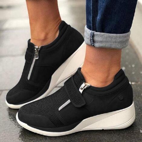 Kvinnor dragkedja platform sneakers i vitt PU-läder, ergonomisk design med andningsaktivt foder och unik hälstruktur.