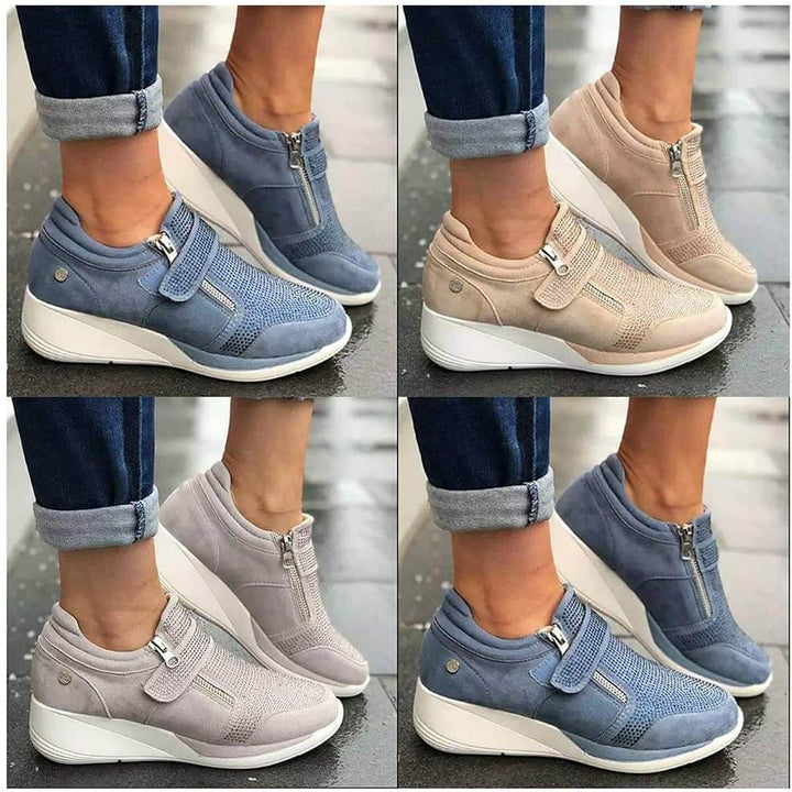 Kvinnor dragkedja platform sneakers i vitt PU-läder, ergonomisk design med andningsaktivt foder och unik hälstruktur.
