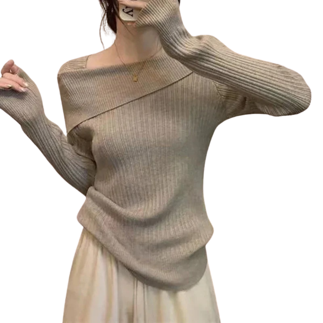 Kvinnor stickad off-shoulder tröja, smal passform, elegant look, mjukt tyg, lyfter fram axlar, perfekt för kalla dagar.