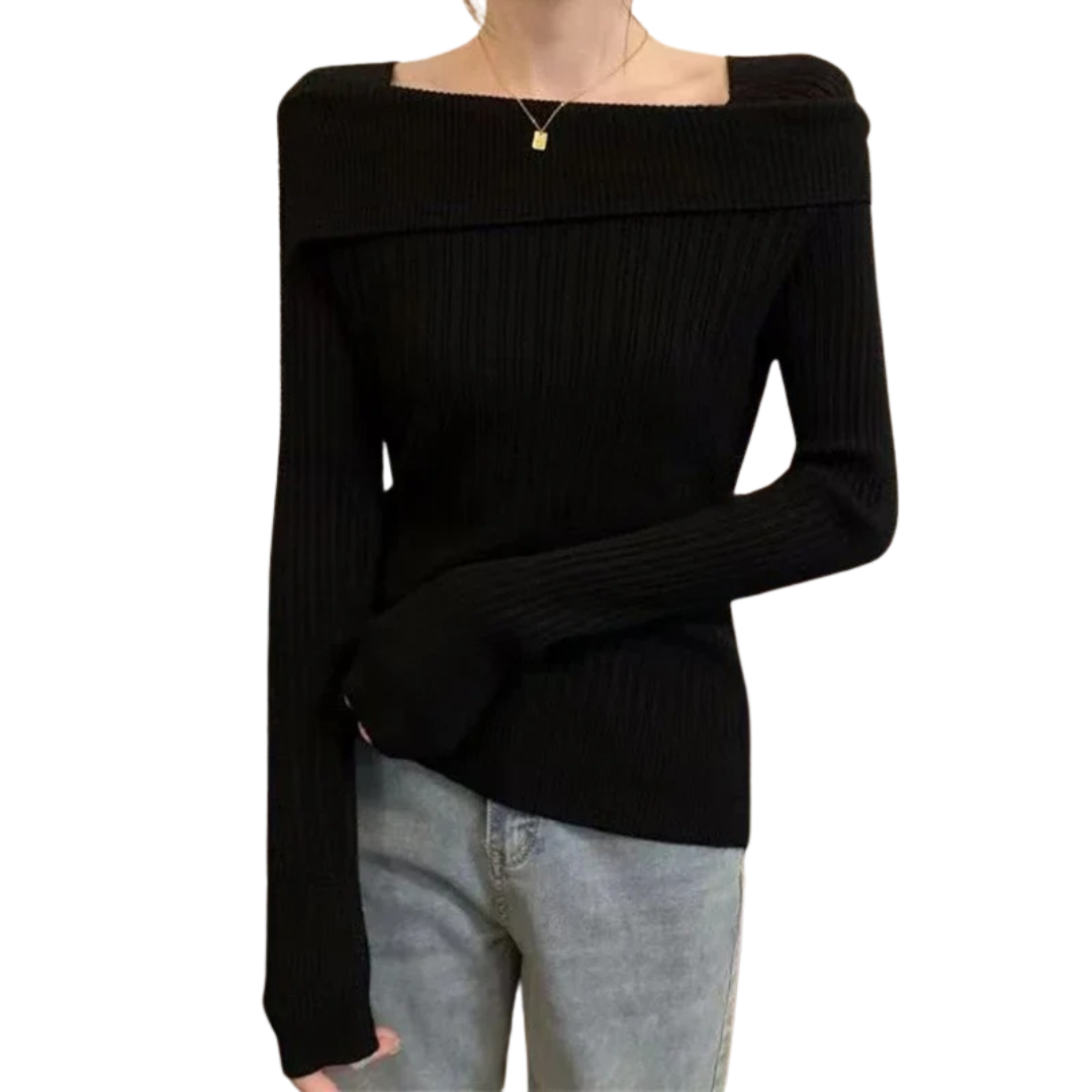 Kvinnor stickad off-shoulder tröja, smal passform, elegant look, mjukt tyg, lyfter fram axlar, perfekt för kalla dagar.