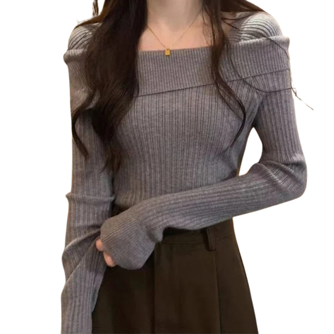 Kvinnor stickad off-shoulder tröja, smal passform, elegant look, mjukt tyg, lyfter fram axlar, perfekt för kalla dagar.