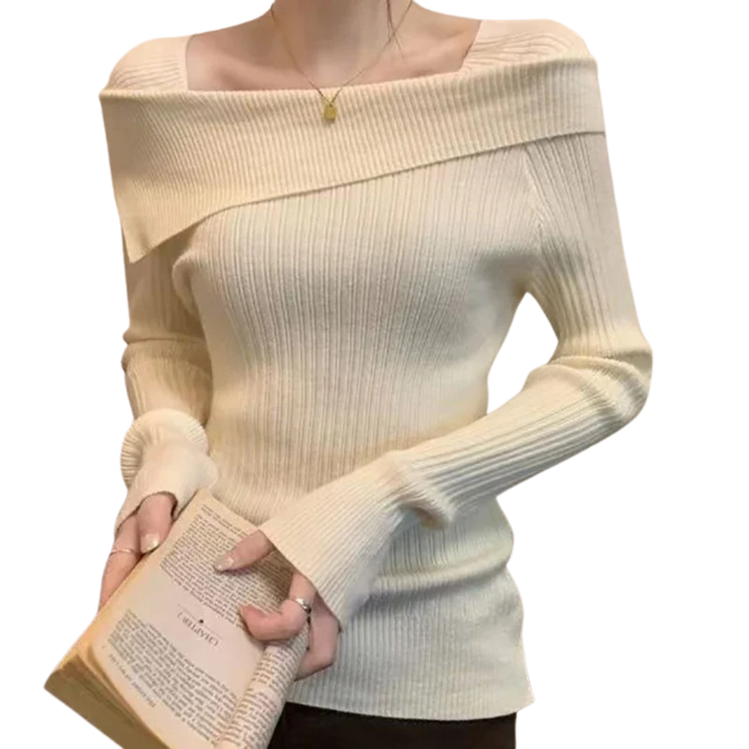 Kvinnor stickad off-shoulder tröja, smal passform, elegant look, mjukt tyg, lyfter fram axlar, perfekt för kalla dagar.