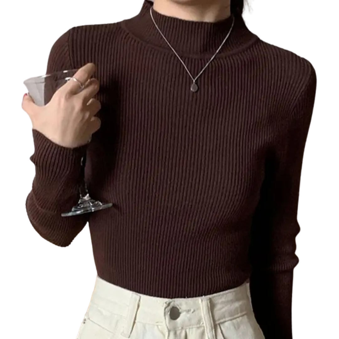 "Kvinnor stickad pullover, mockanacke, chic design, mjuk grått tyg, elegant och tidlöst plagg för alla tillfällen."