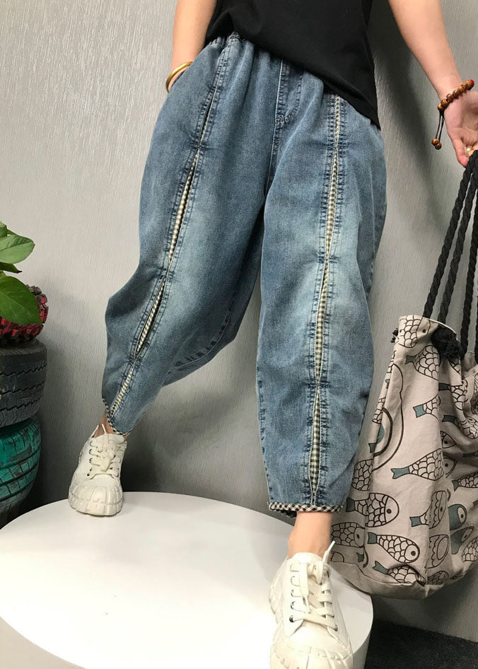 "Kvinnors Boho Patchwork Denim Byxor med elastisk midja, i lekfull design, perfekt för vår- och sommarsäsong."