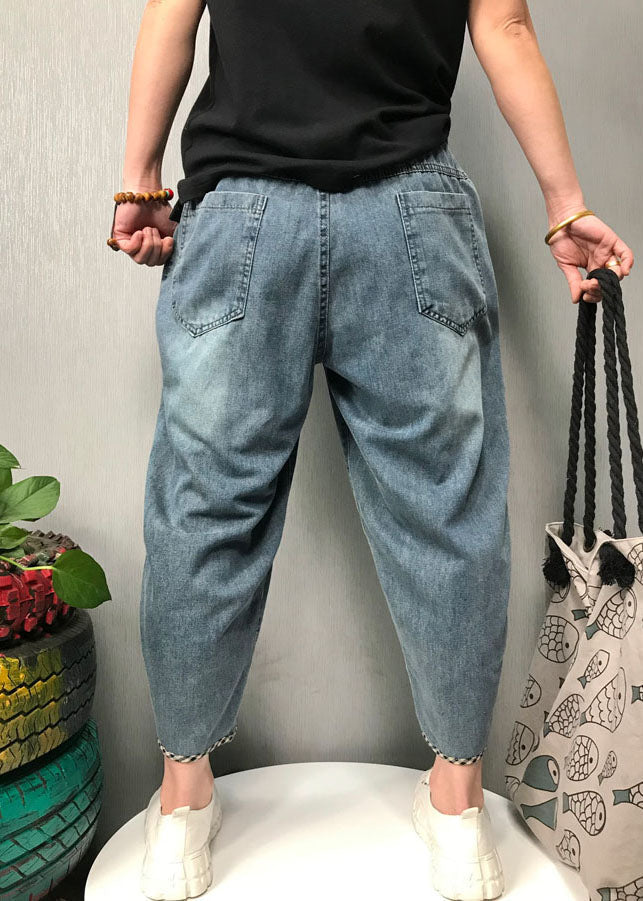 "Kvinnors Boho Patchwork Denim Byxor med elastisk midja, i lekfull design, perfekt för vår- och sommarsäsong."